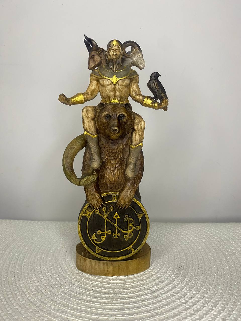 Hand-painted figurine of Balam from Ars Goetia demonology, depicted as a mystical multi-headed occult figure with animal features, symbolic sigil base, and gothic altar decor design.
