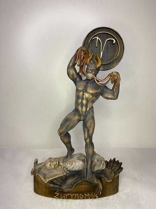 Handcrafted Norse mythology statue of Surtr (Surtr), the giant ruler of Muspelheim, standing triumphantly over a fallen skeleton and raven. The detailed figurine features a muscular warrior with horned helmet, raised Aries zodiac shield, and rune-inscribed wooden base. Finished in antique bronze tones with intricate fantasy and Viking-inspired craftsmanship.