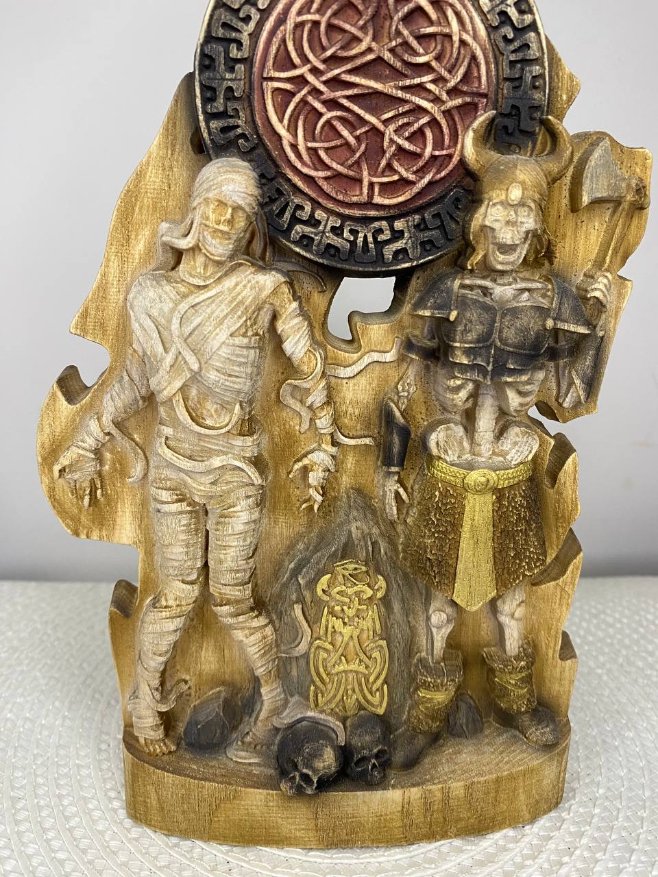 Mummy & Draugr Wooden Statue – Hand Carved Norse and Egyptian Mythology Gothic Decor