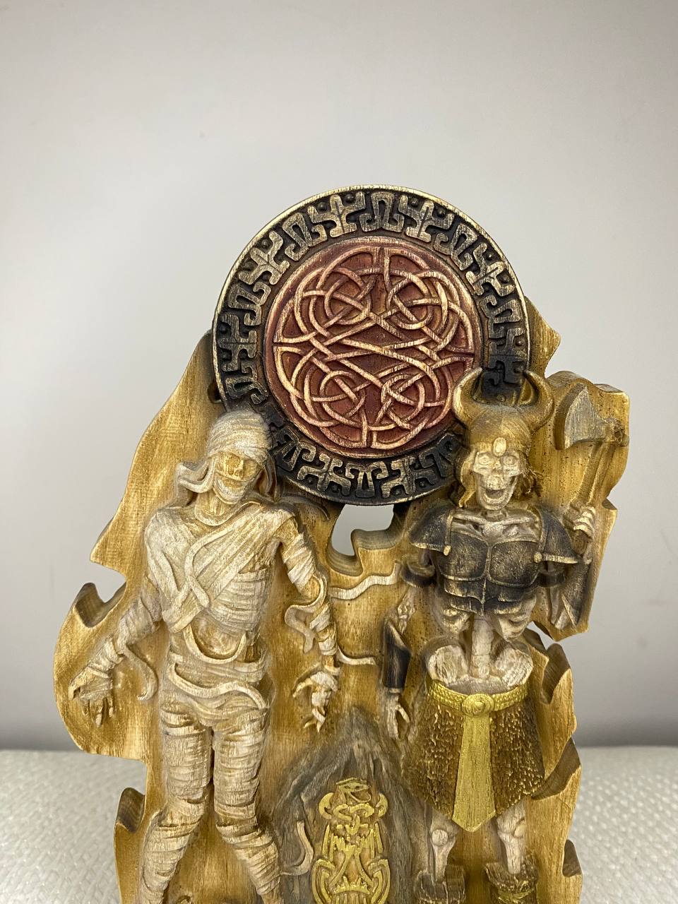 Mummy & Draugr Wooden Statue – Hand Carved Norse and Egyptian Mythology Gothic Decor