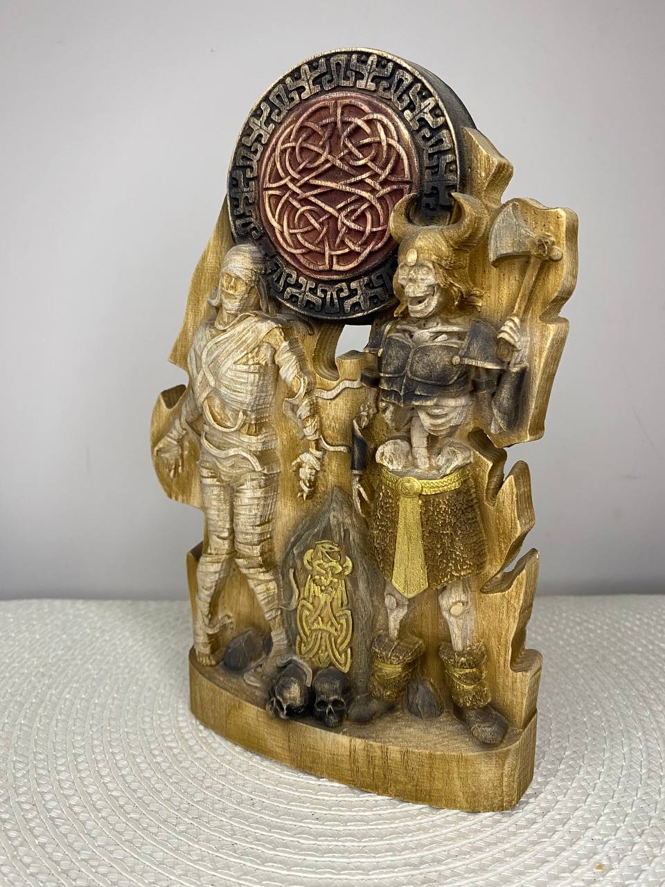 Mummy & Draugr Wooden Statue – Hand Carved Norse and Egyptian Mythology Gothic Decor