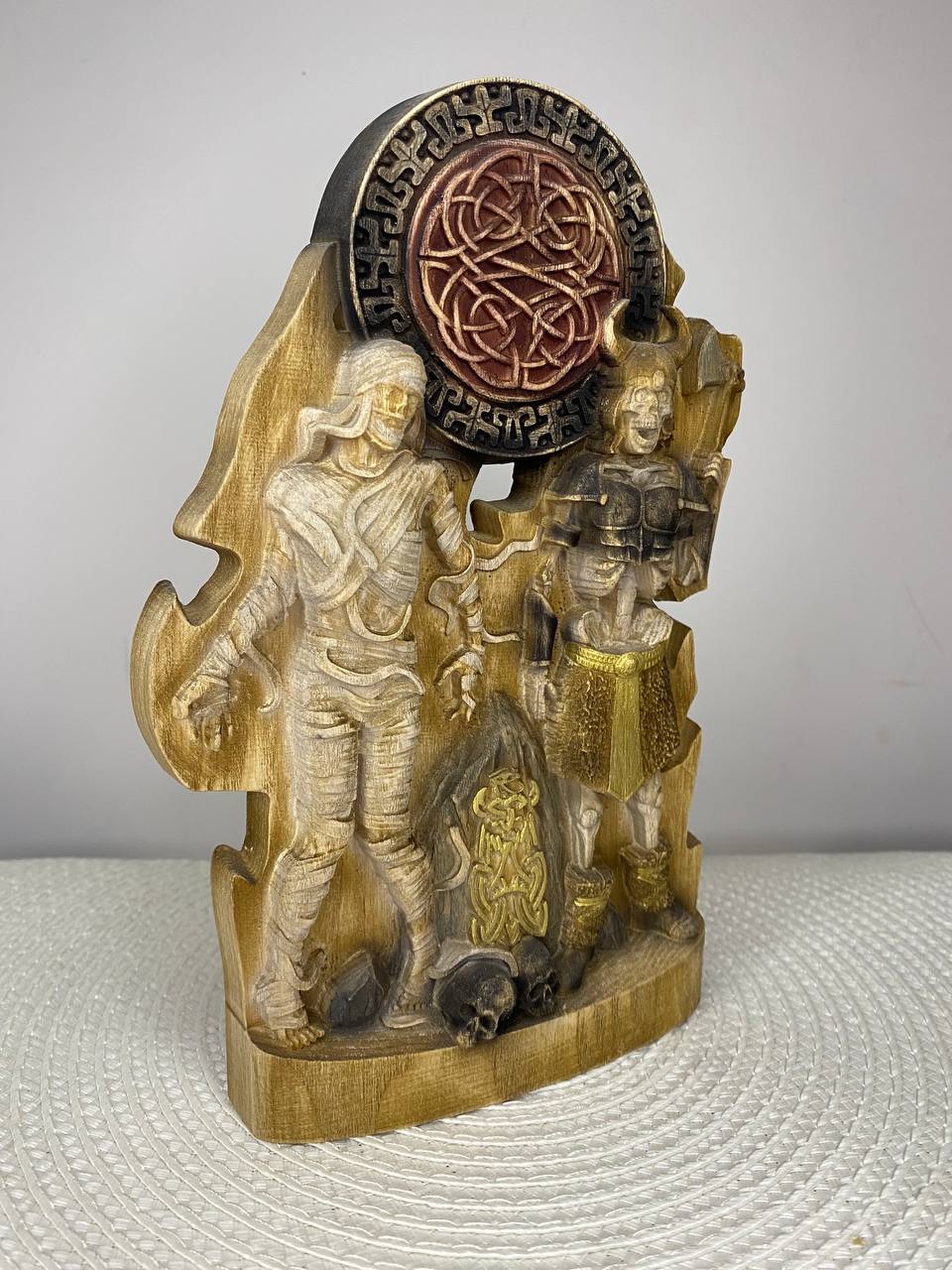 Mummy & Draugr Wooden Statue – Hand Carved Norse and Egyptian Mythology Gothic Decor