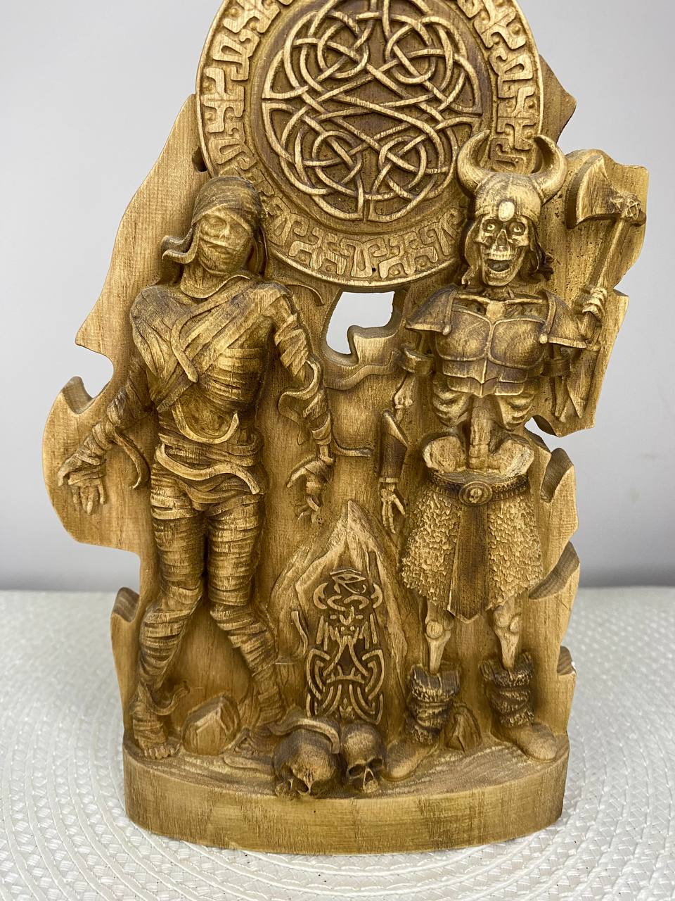 Mummy & Draugr Wooden Statue – Hand Carved Norse and Egyptian Mythology Gothic Decor
