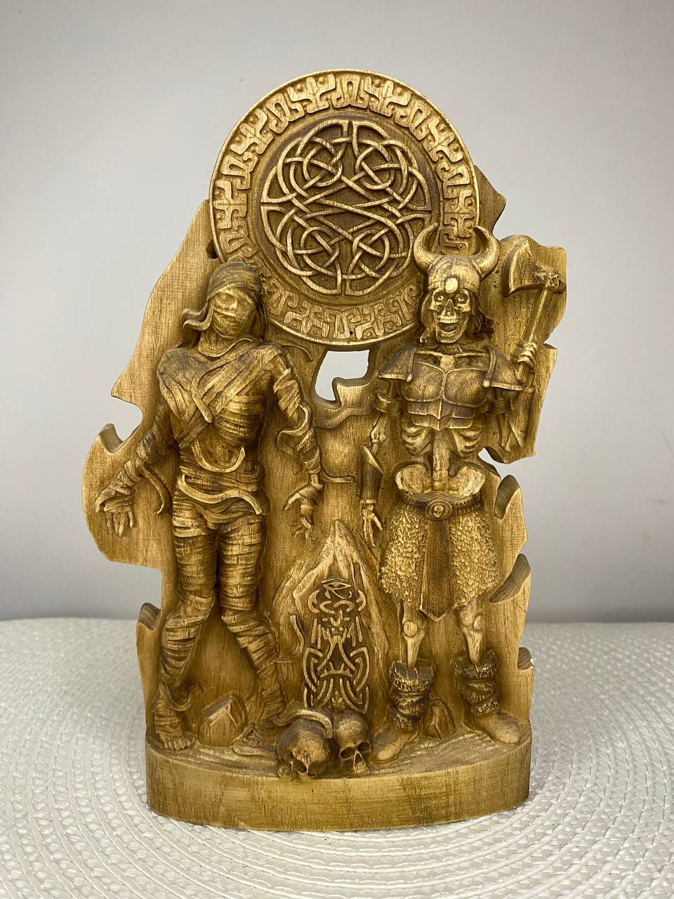 Mummy & Draugr Wooden Statue – Hand Carved Norse and Egyptian Mythology Gothic Decor