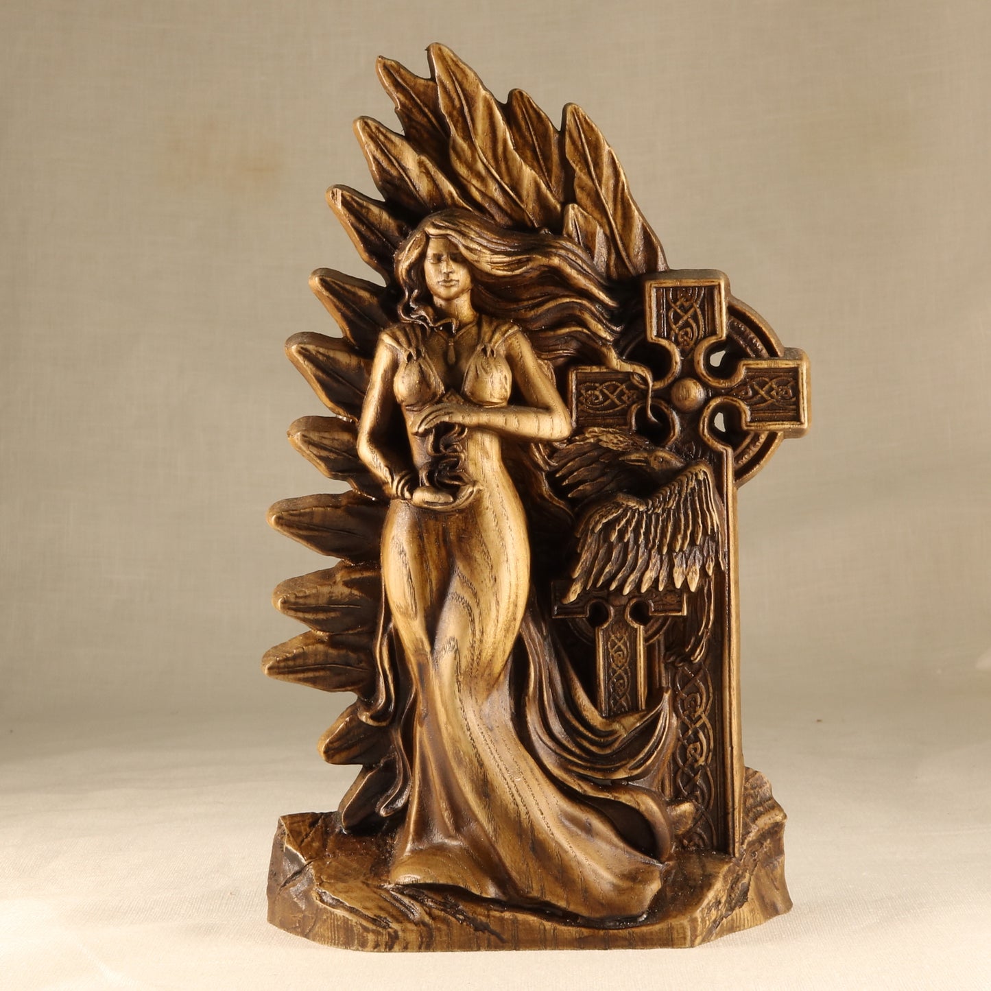 Morrigan, wooden statue, Celtic goddess