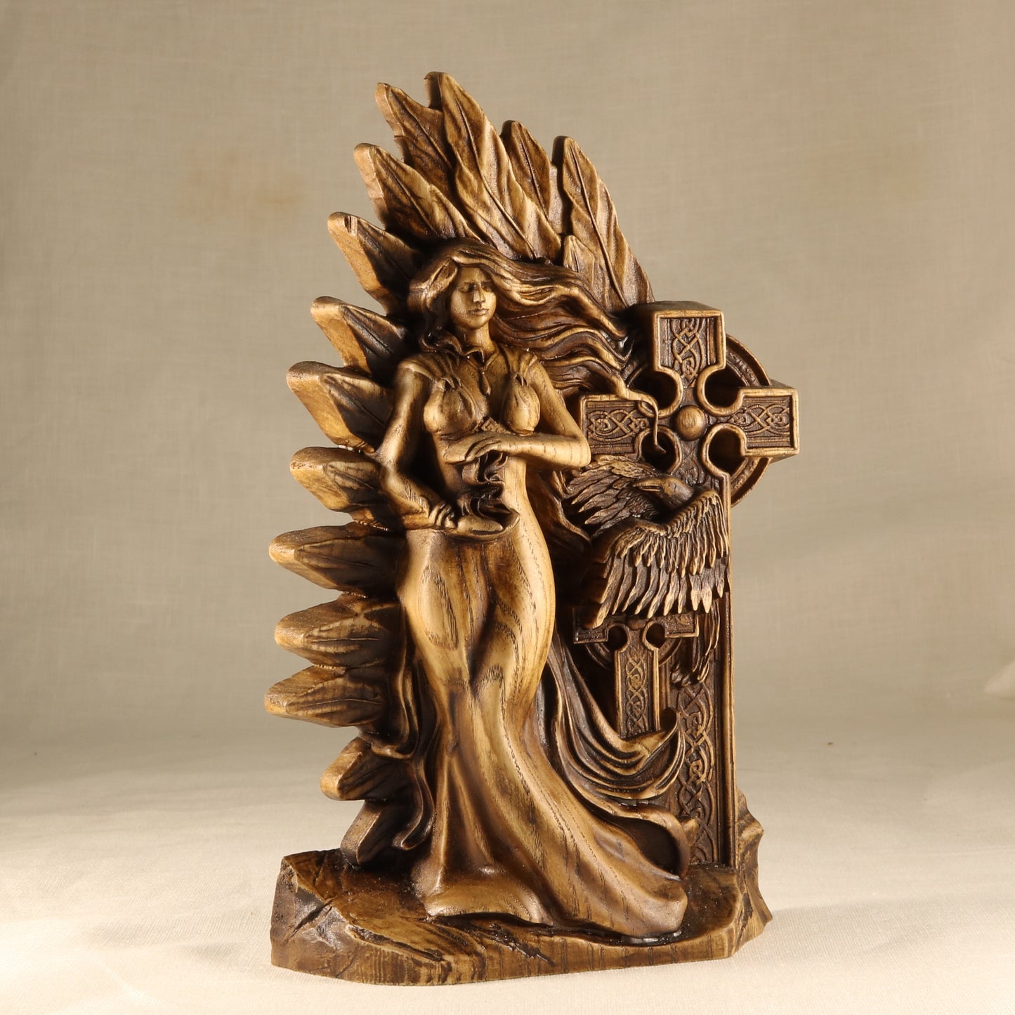 Morrigan, wooden statue, Celtic goddess