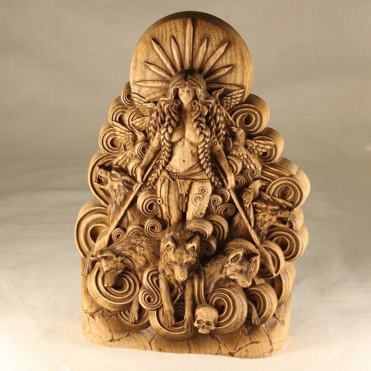 Wooden Morrigan Celtic Goddess Statue