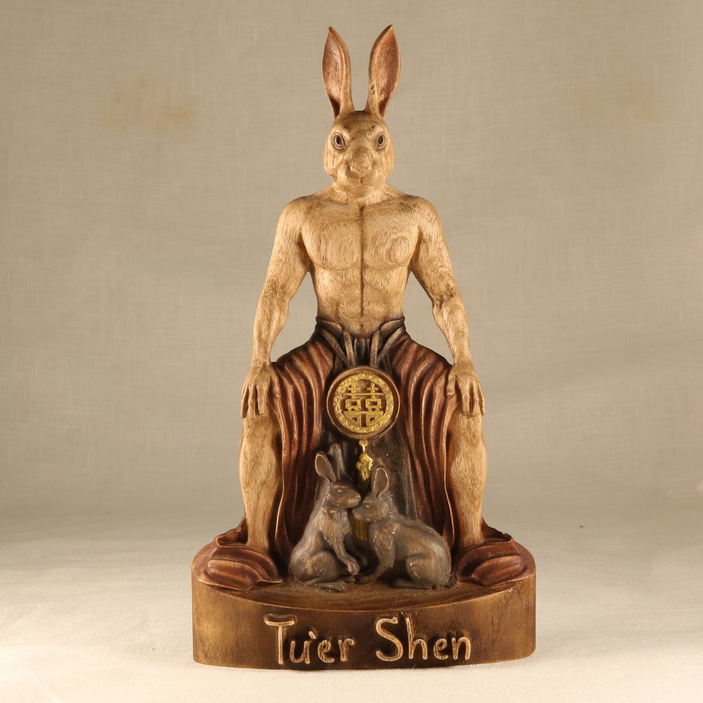 Tu'er Shen statue, Rabbit God, Chinese mythology, queer art, LGBT+ protector, carved wooden statue