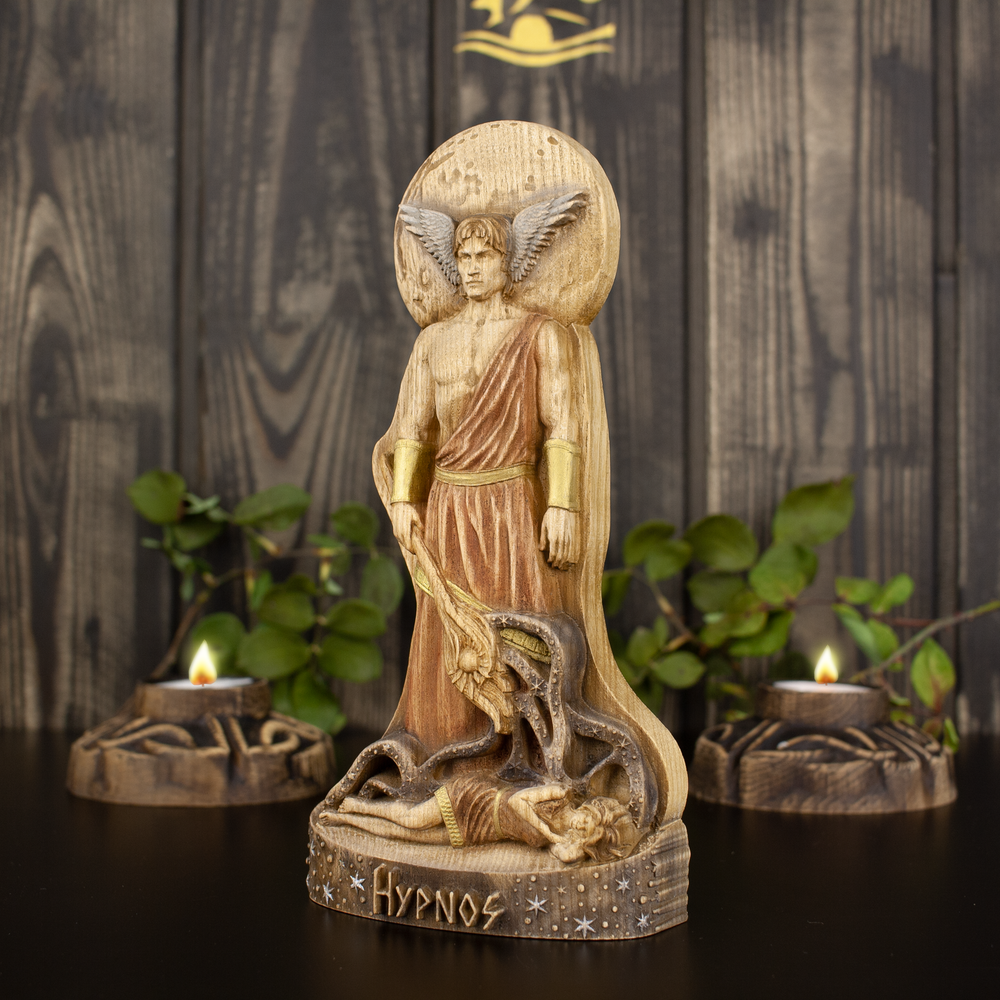 Hypnos, Greek god Hypnos (god of sleep) - figurine, wooden altar, carved wooden statue, Greek mythology
