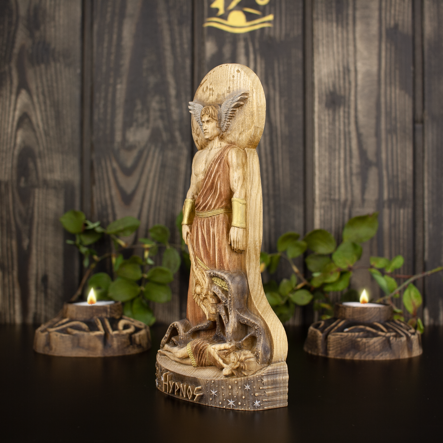 Hypnos, Greek god Hypnos (god of sleep) - figurine, wooden altar, carved wooden statue, Greek mythology