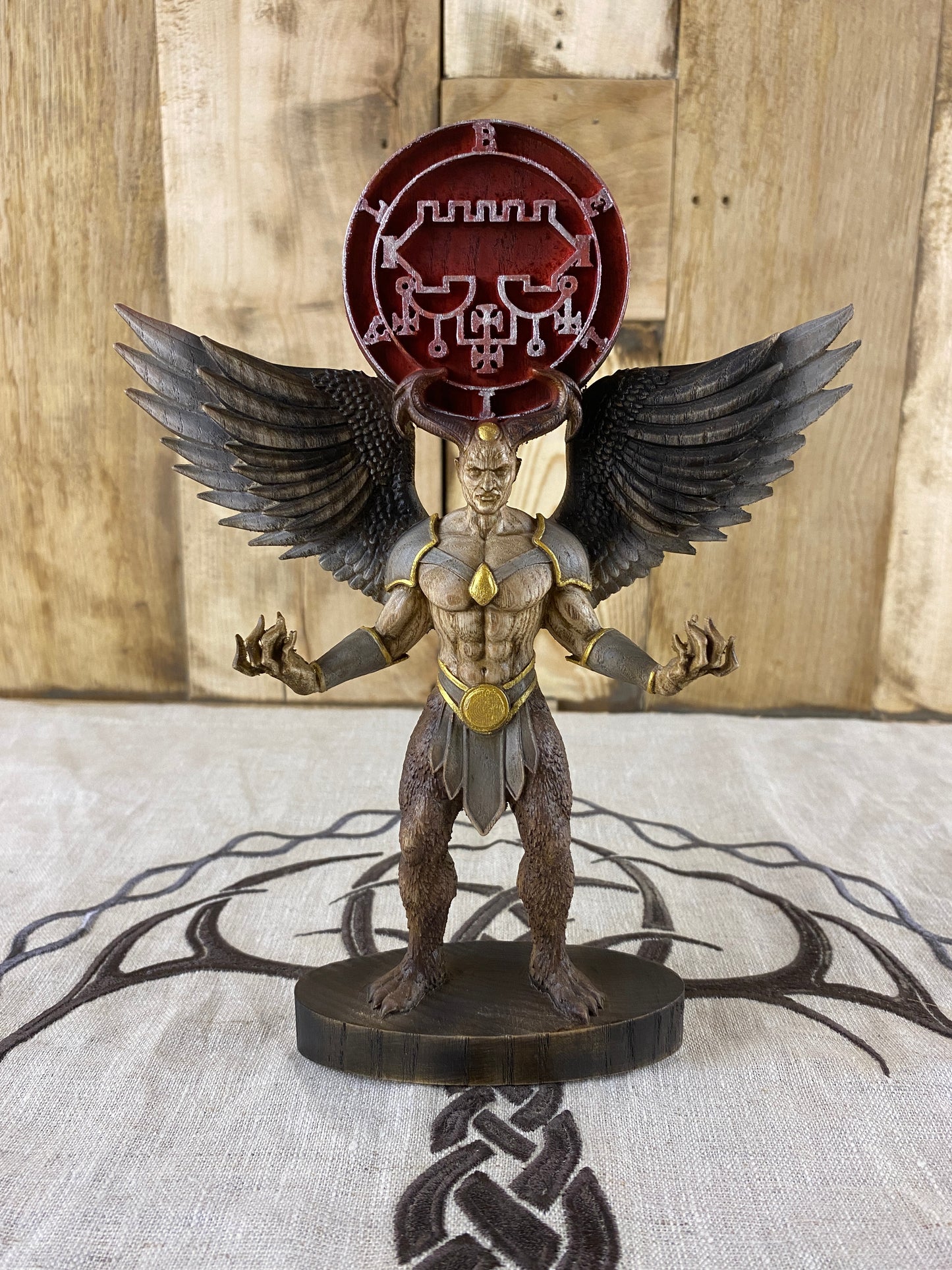 Winged statue of Belial with large black wings, occult sigil above the figure, and gothic demon design for altar decor, ritual spaces, and esoteric collections.