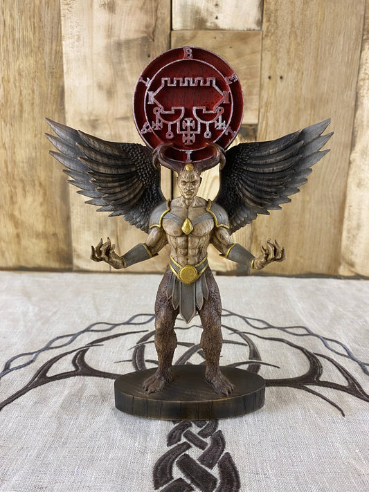 Winged statue of Belial with large black wings, occult sigil above the figure, and gothic demon design for altar decor, ritual spaces, and esoteric collections.