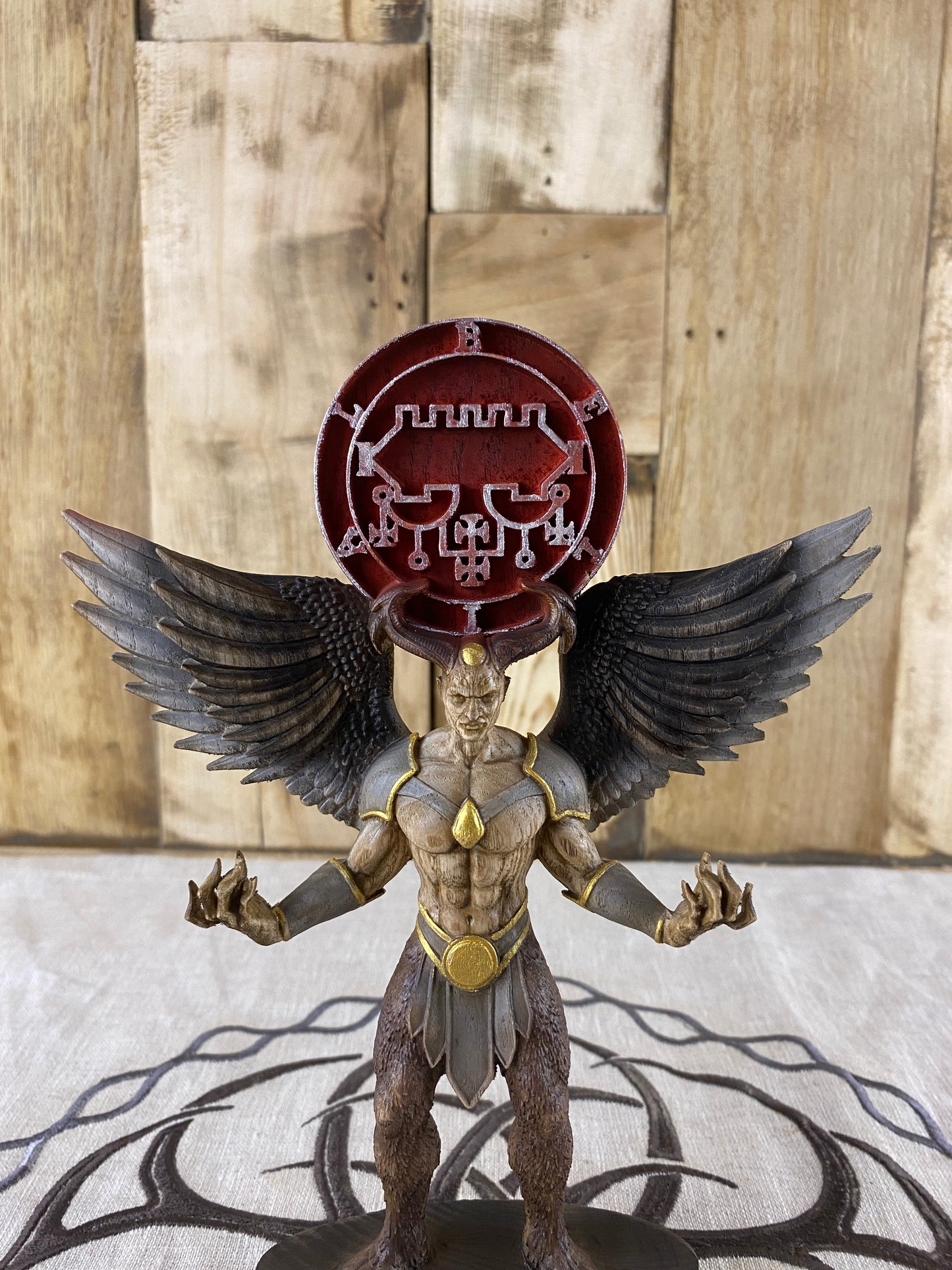 Belial Wooden Demon Statue – Winged Ars Goetia Sigil Sculpture Occult Gothic Altar Decor