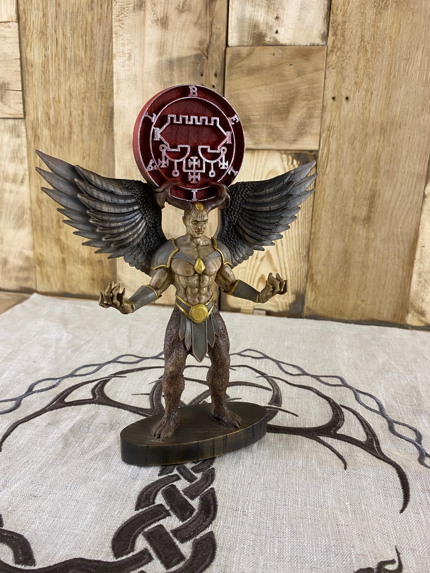 Belial Wooden Demon Statue – Winged Ars Goetia Sigil Sculpture Occult Gothic Altar Decor