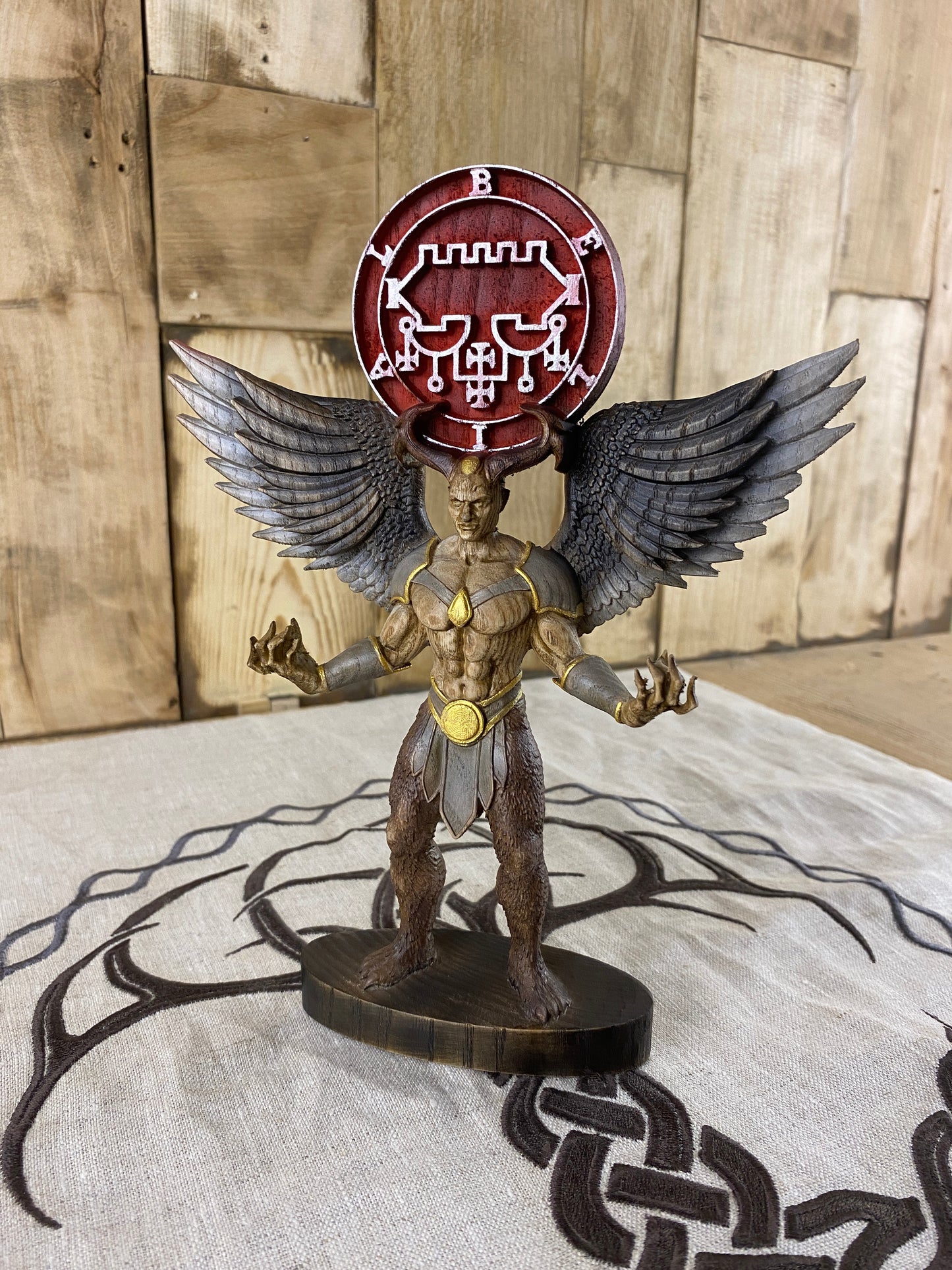 Belial Wooden Demon Statue – Winged Ars Goetia Sigil Sculpture Occult Gothic Altar Decor