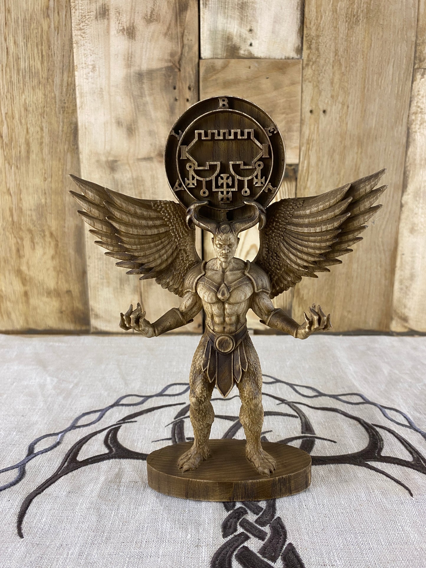 Belial Wooden Demon Statue – Winged Ars Goetia Sigil Sculpture Occult Gothic Altar Decor