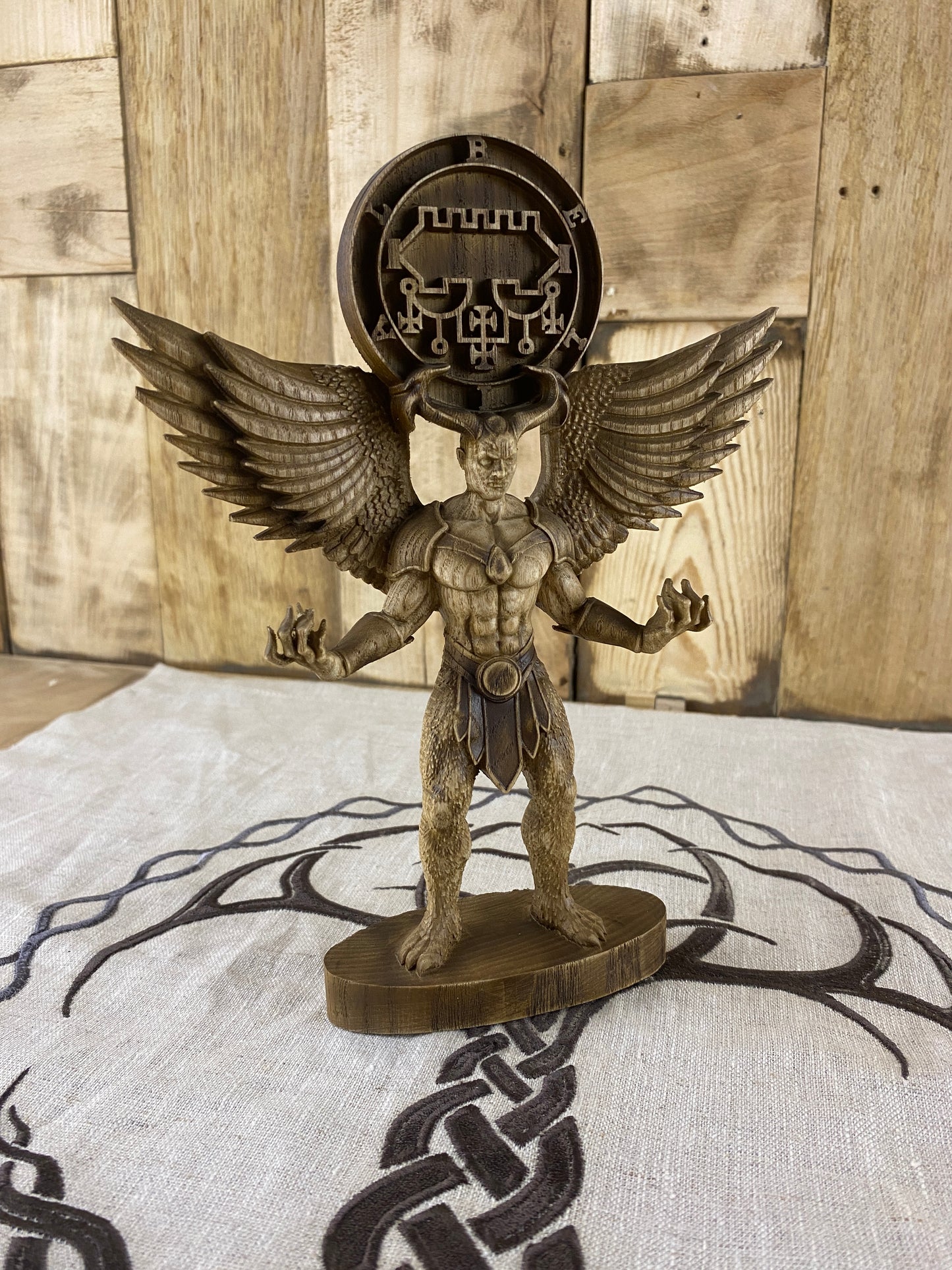 Belial Wooden Demon Statue – Winged Ars Goetia Sigil Sculpture Occult Gothic Altar Decor