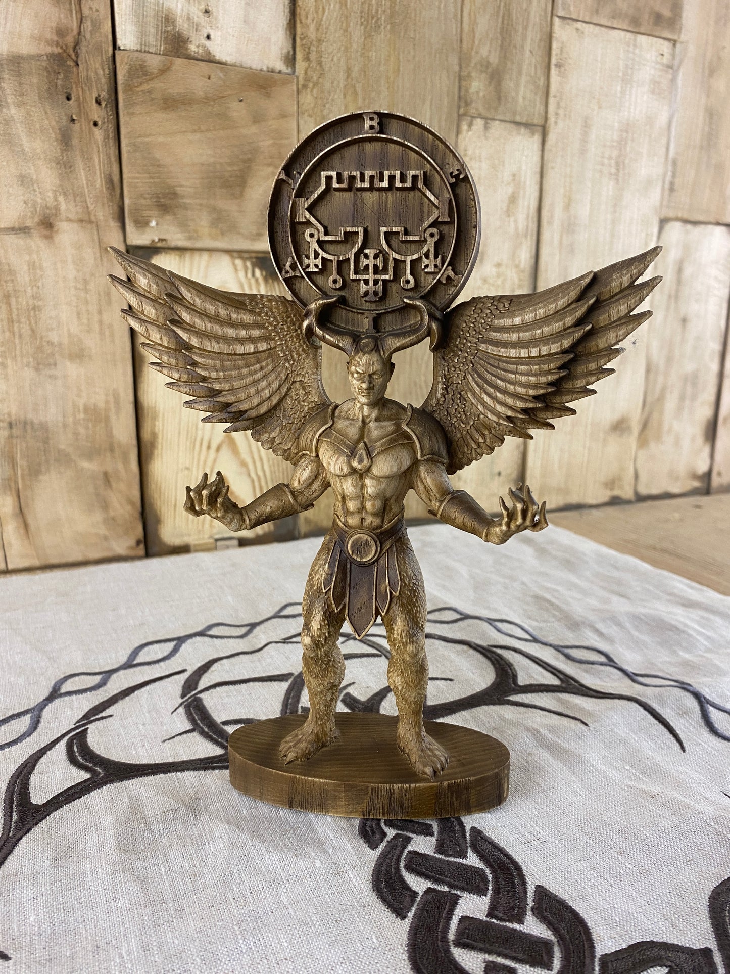 Belial Wooden Demon Statue – Winged Ars Goetia Sigil Sculpture Occult Gothic Altar Decor