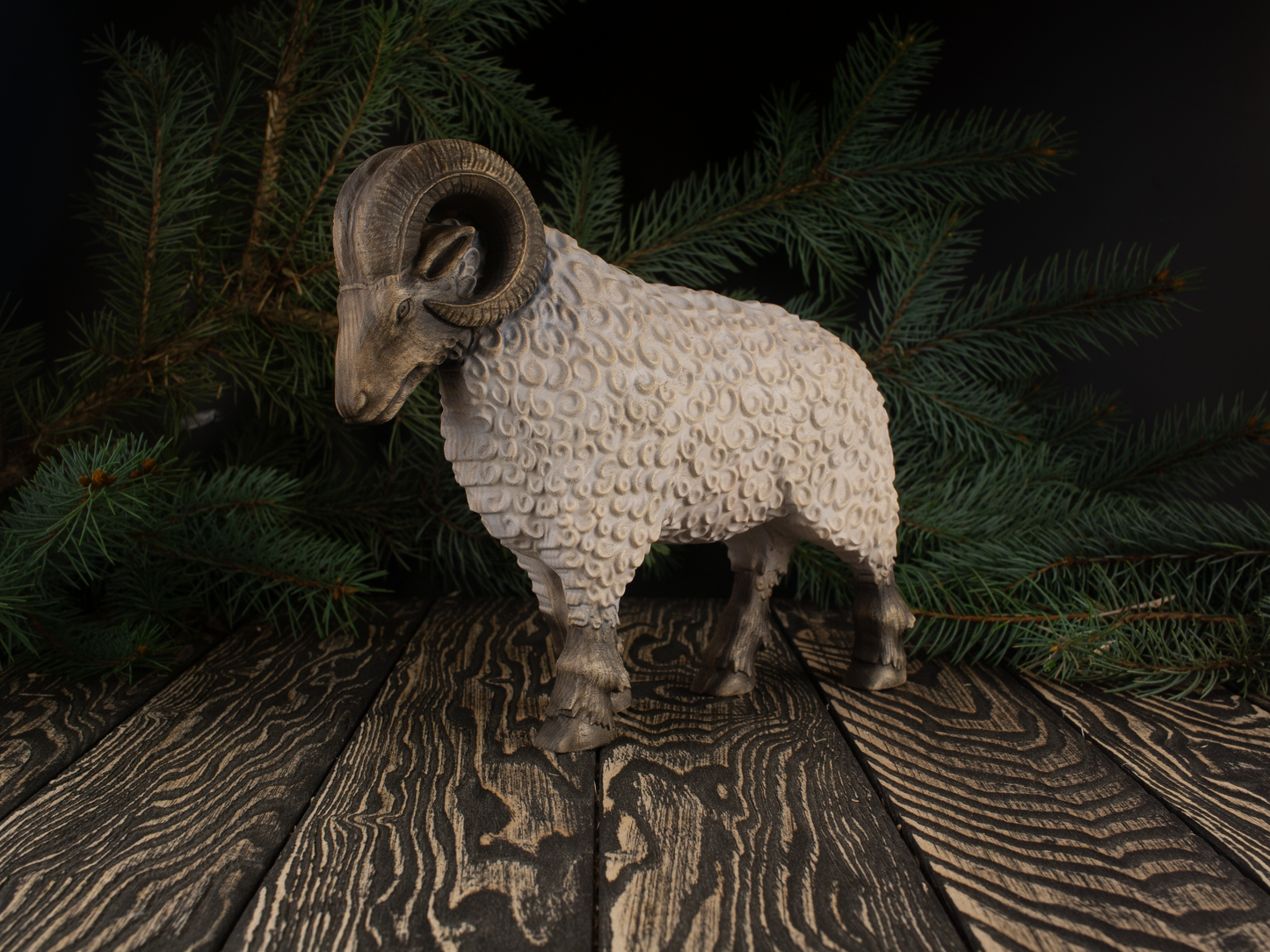 Unique Ram, Sheep Sculptures: Vintage Wood Carving for Home Decor