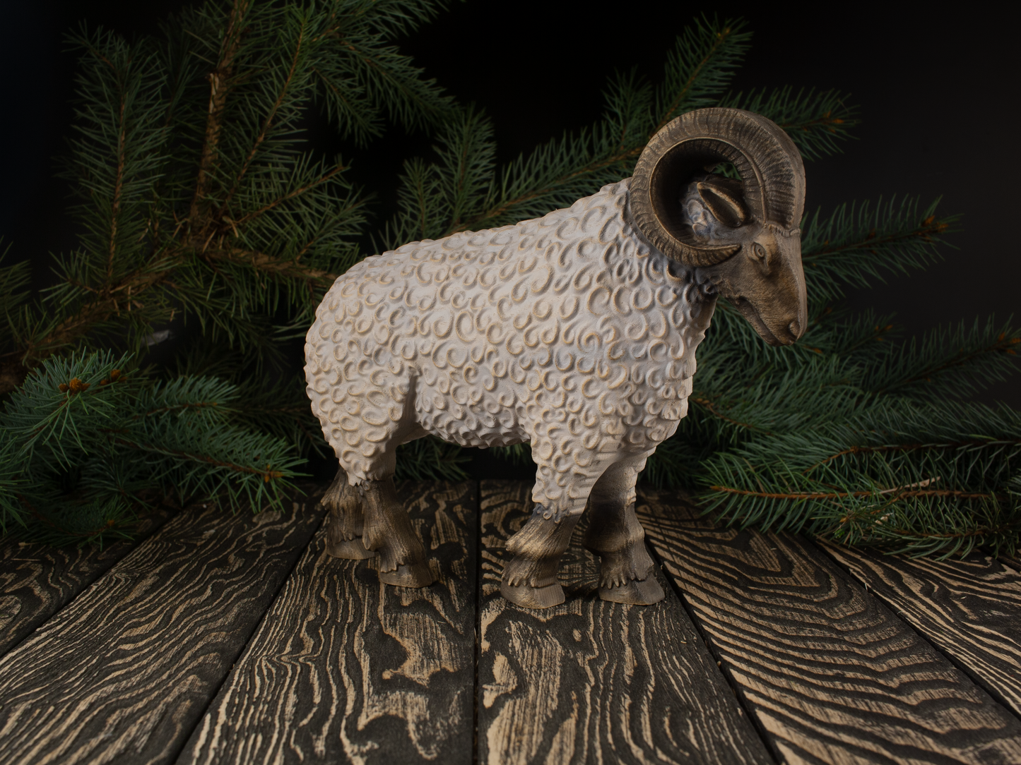 Unique Ram, Sheep Sculptures: Vintage Wood Carving for Home Decor