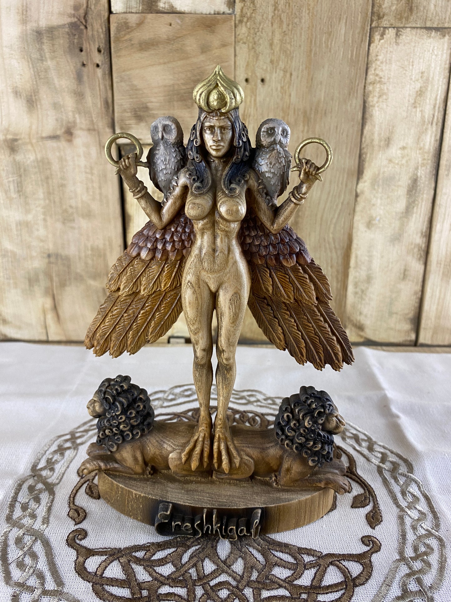 Ereshkigal Ereshkigal statue Mesopotamian goddess Sumerian gods Goddess statue Ishtar Inanna Sumerian art Altar statue Wood god statue