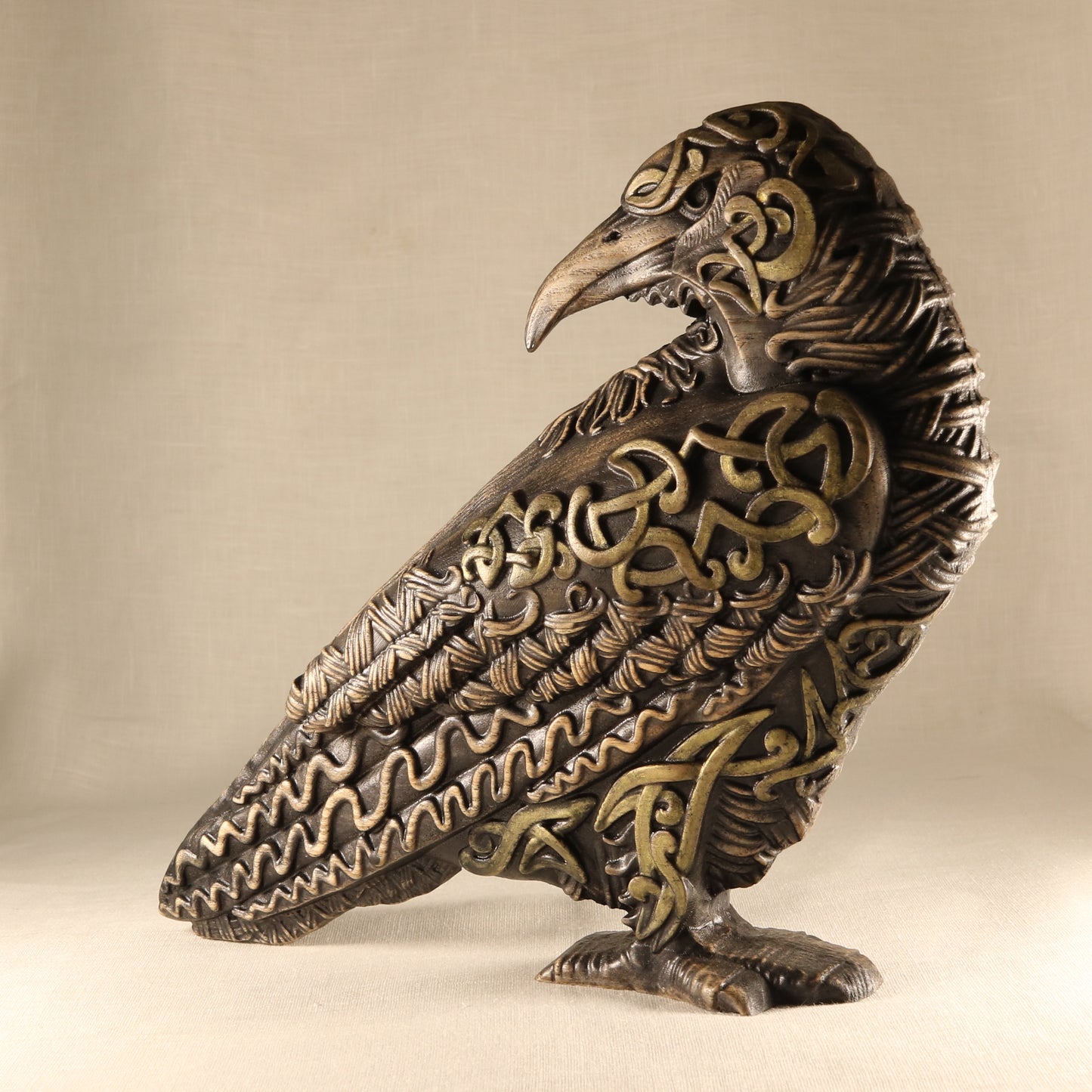 The raven, handmade norse pagan, wooden statue carving