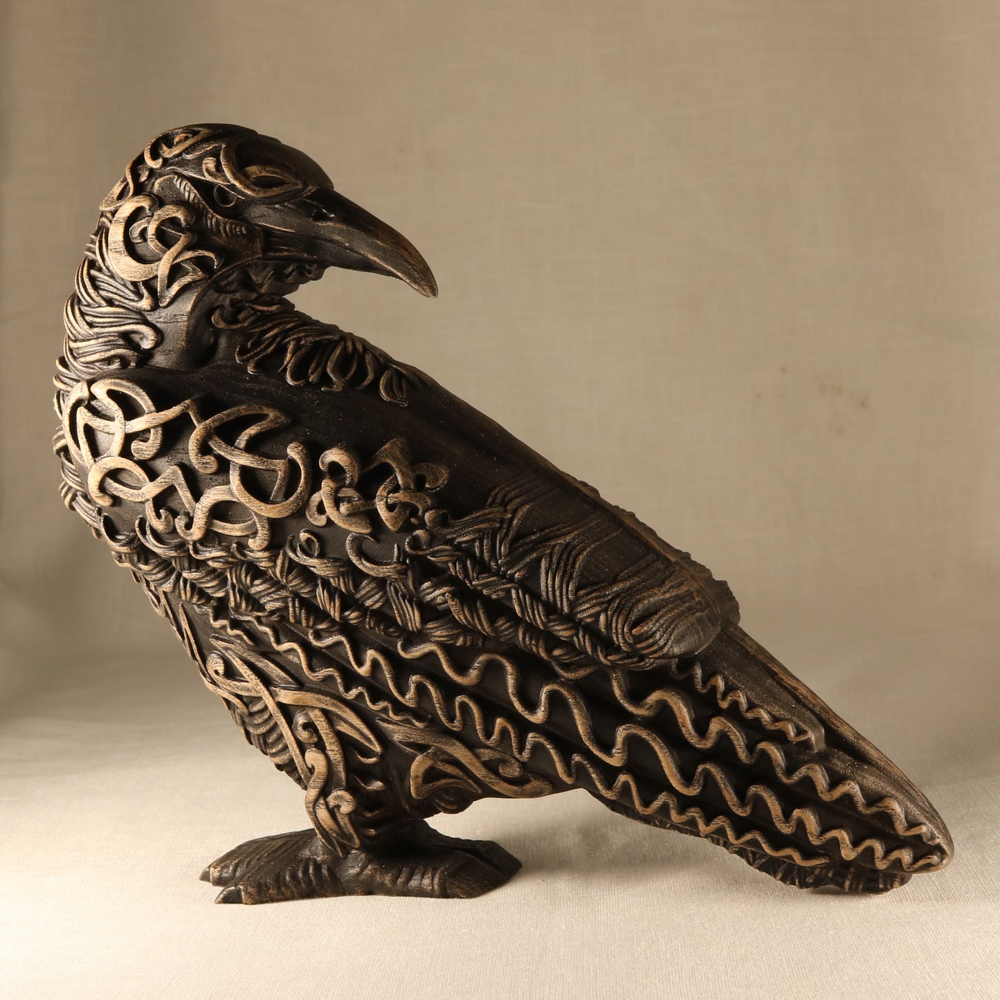 The raven, handmade norse pagan, wooden statue carving