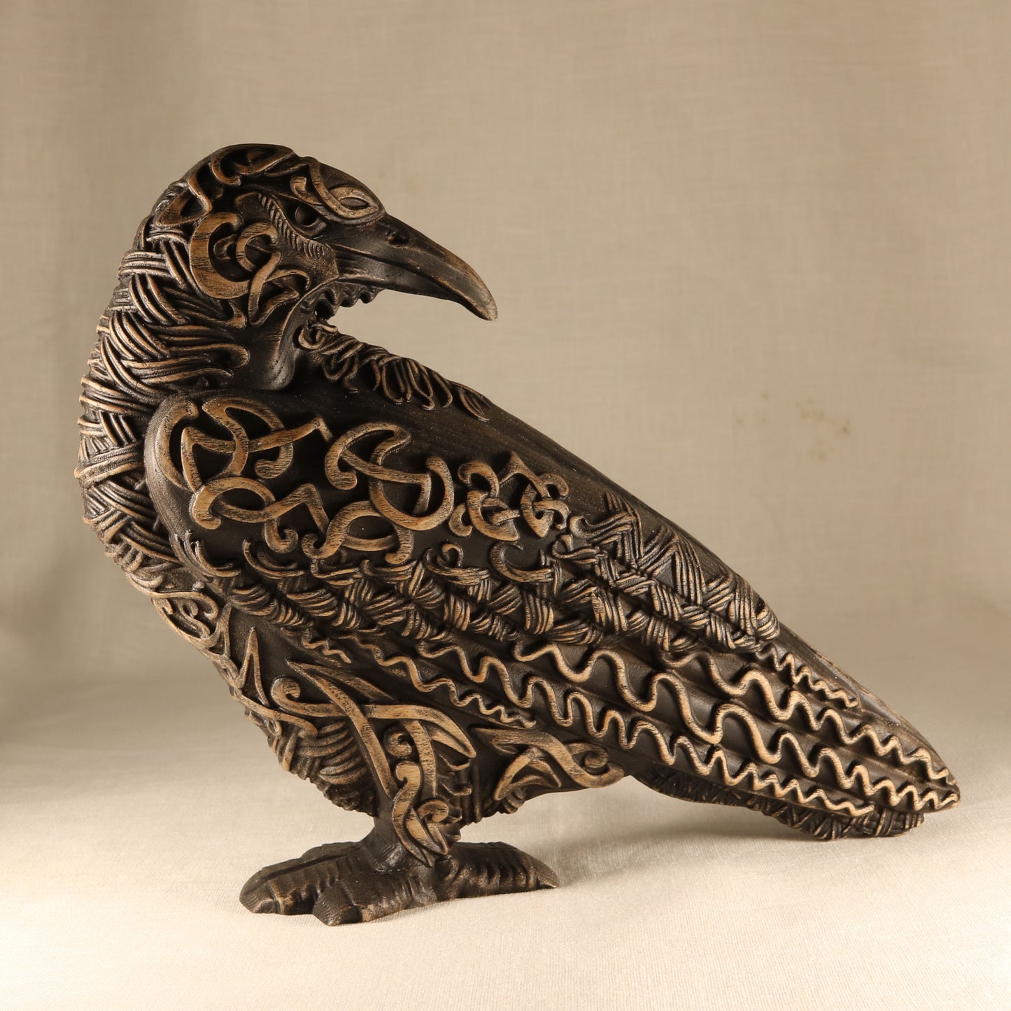 The raven, handmade norse pagan, wooden statue carving