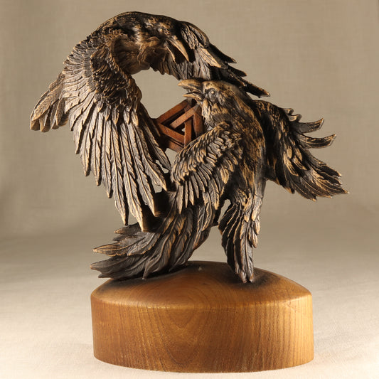 Huginn and Muninn Wooden Statue Raven Art shels wall art