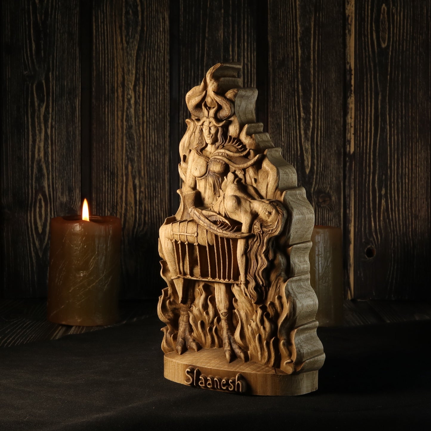 Demon statue Slaanesh Satanic statue Occult statue Goetia demon Baphomet statue Demonology Warhammer Occult decor Carved statue Wood god art