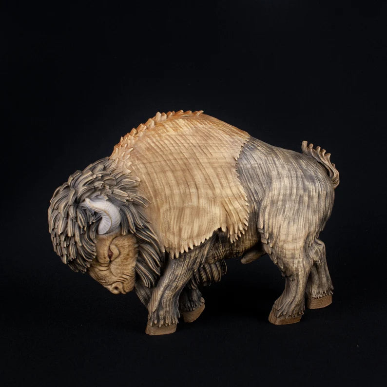 Artfully Carved Wooden Bison Statue
