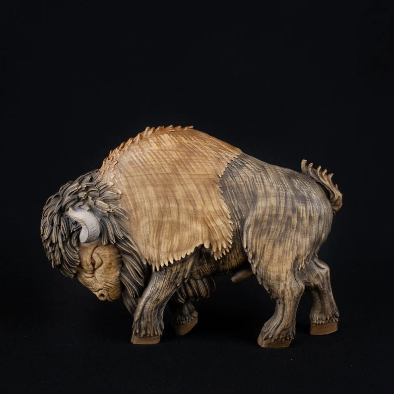 Artfully Carved Wooden Bison Statue
