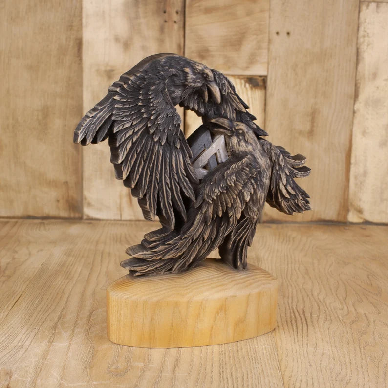 Viking-Inspired Raven Art: Huginn and Muninn Wooden Statue