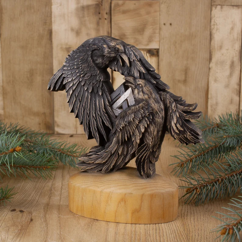 Viking-Inspired Raven Art: Huginn and Muninn Wooden Statue