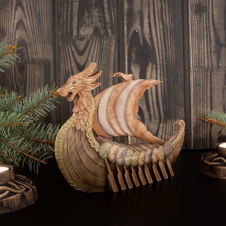 Wooden Dragon Drakkar Figurine - Odin Viking Longship