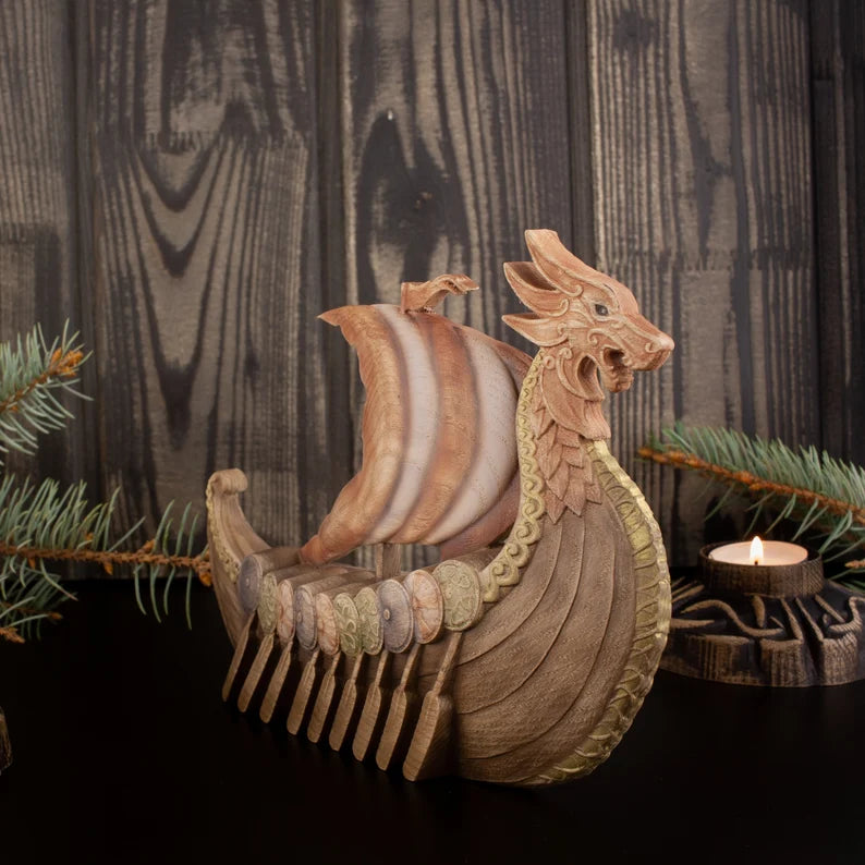 Wooden Dragon Drakkar Figurine - Odin Viking Longship