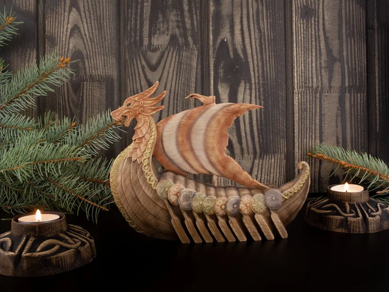 Wooden Dragon Drakkar Figurine - Odin Viking Longship