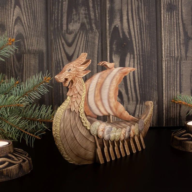 Wooden Dragon Drakkar Figurine - Odin Viking Longship