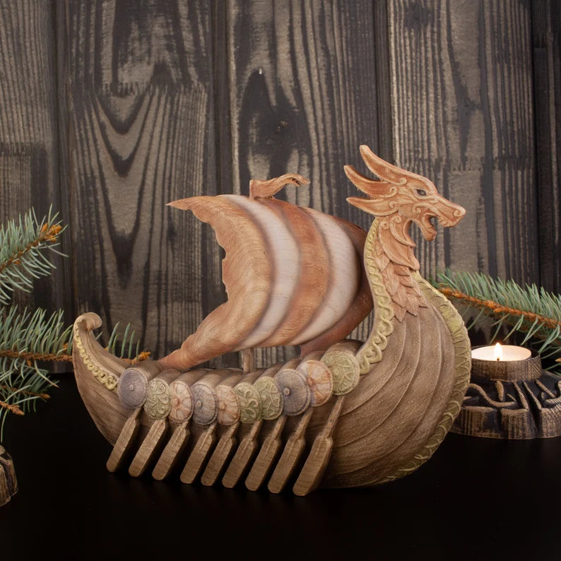 Wooden Dragon Drakkar Figurine - Odin Viking Longship