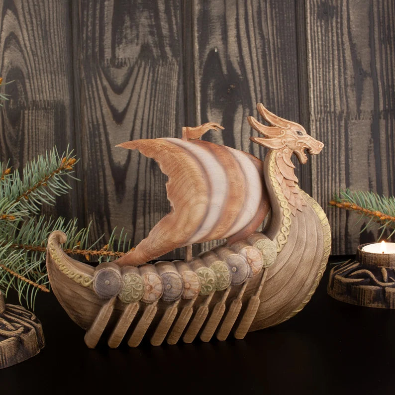 Wooden Dragon Drakkar Figurine - Odin Viking Longship – Art