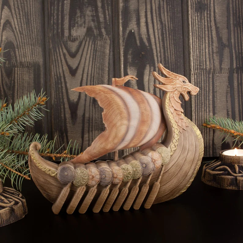 Wooden Dragon Drakkar Figurine - Odin Viking Longship