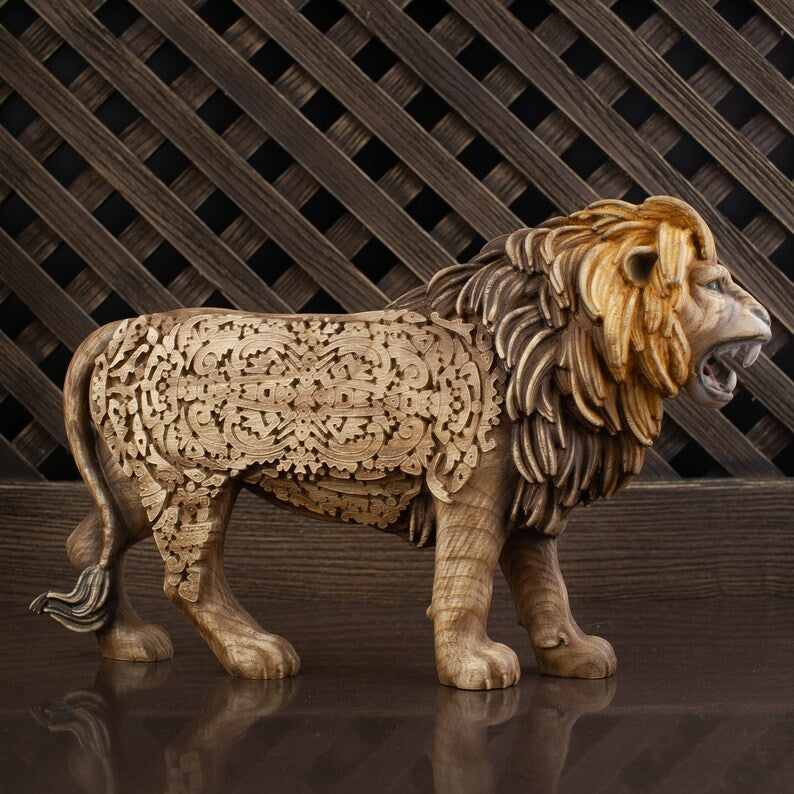 Wooden Lion Sculpture - Simba King Safari Statue