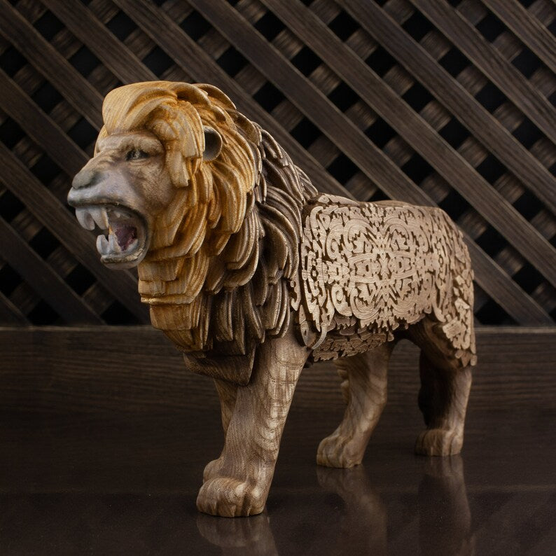 Wooden Lion Sculpture - Simba King Safari Statue