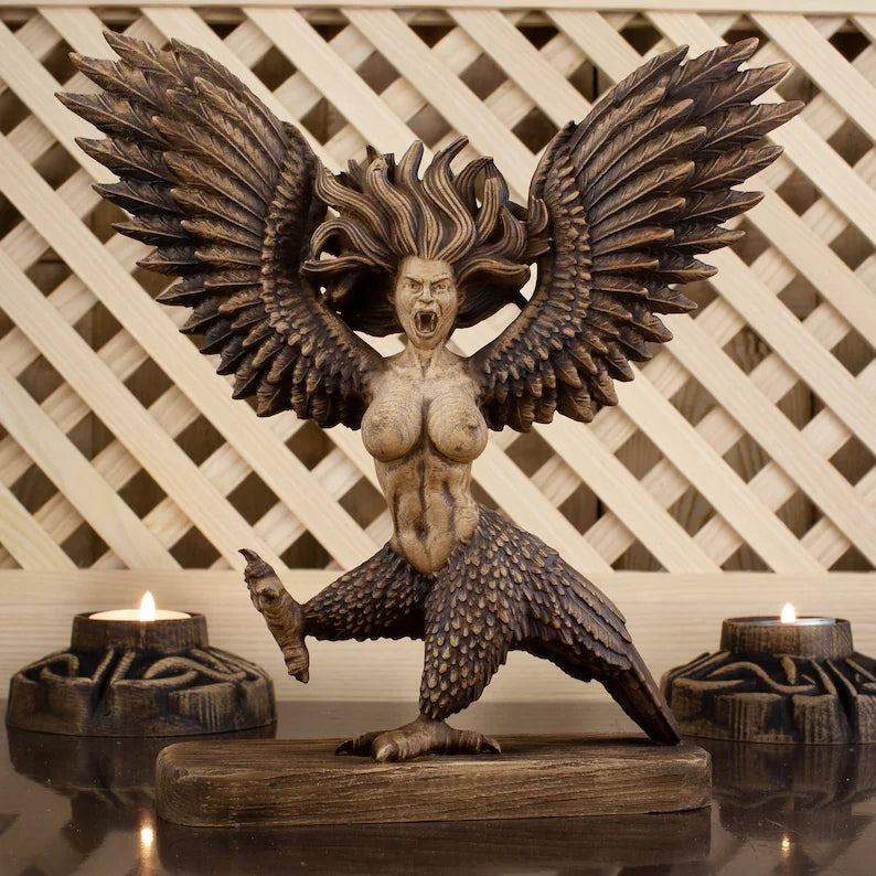 Wooden Lady Harpy Eagle Statue - Monster Bird Sculpture
