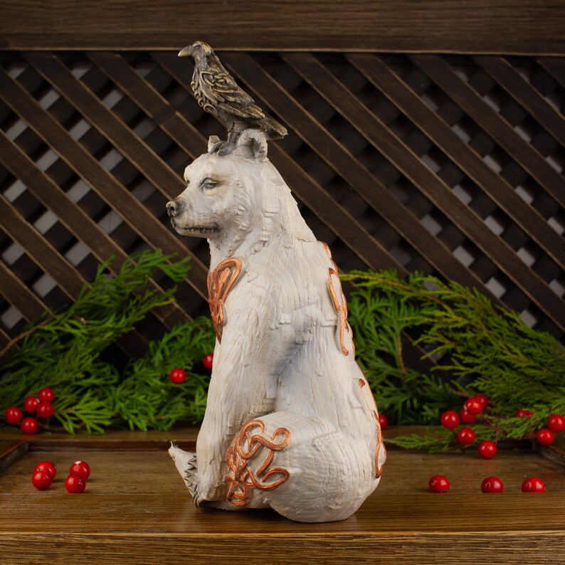White Bear & Raven Statue: A Symbolic Carved Wooden Artwork