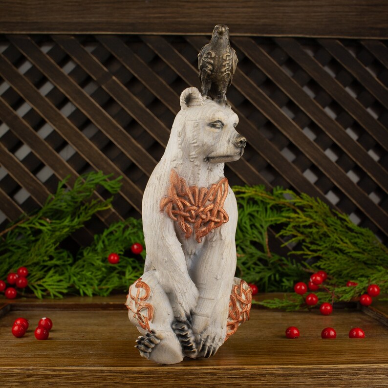 White Bear & Raven Statue: A Symbolic Carved Wooden Artwork