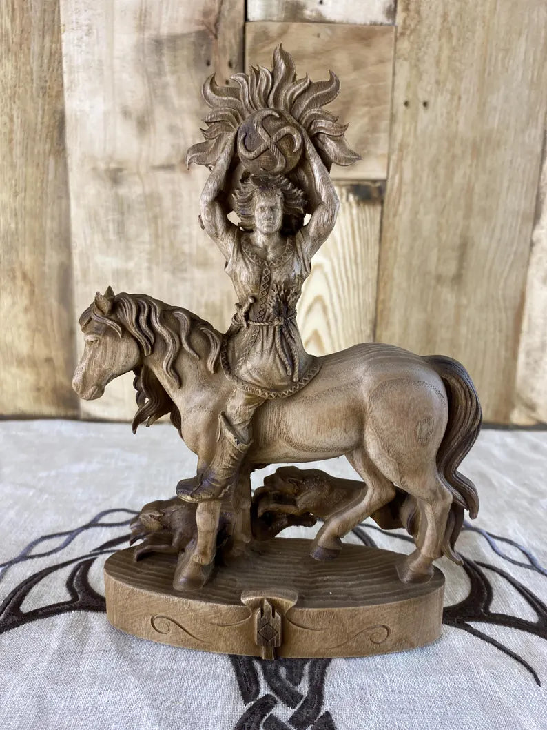 Yarilo Wooden Statue – Hand Carved Slavic Sun God Figurine Pagan Mythology Decor