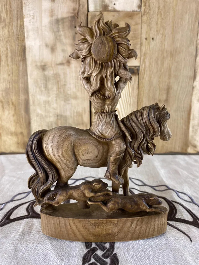 Yarilo Wooden Statue – Hand Carved Slavic Sun God Figurine Pagan Mythology Decor