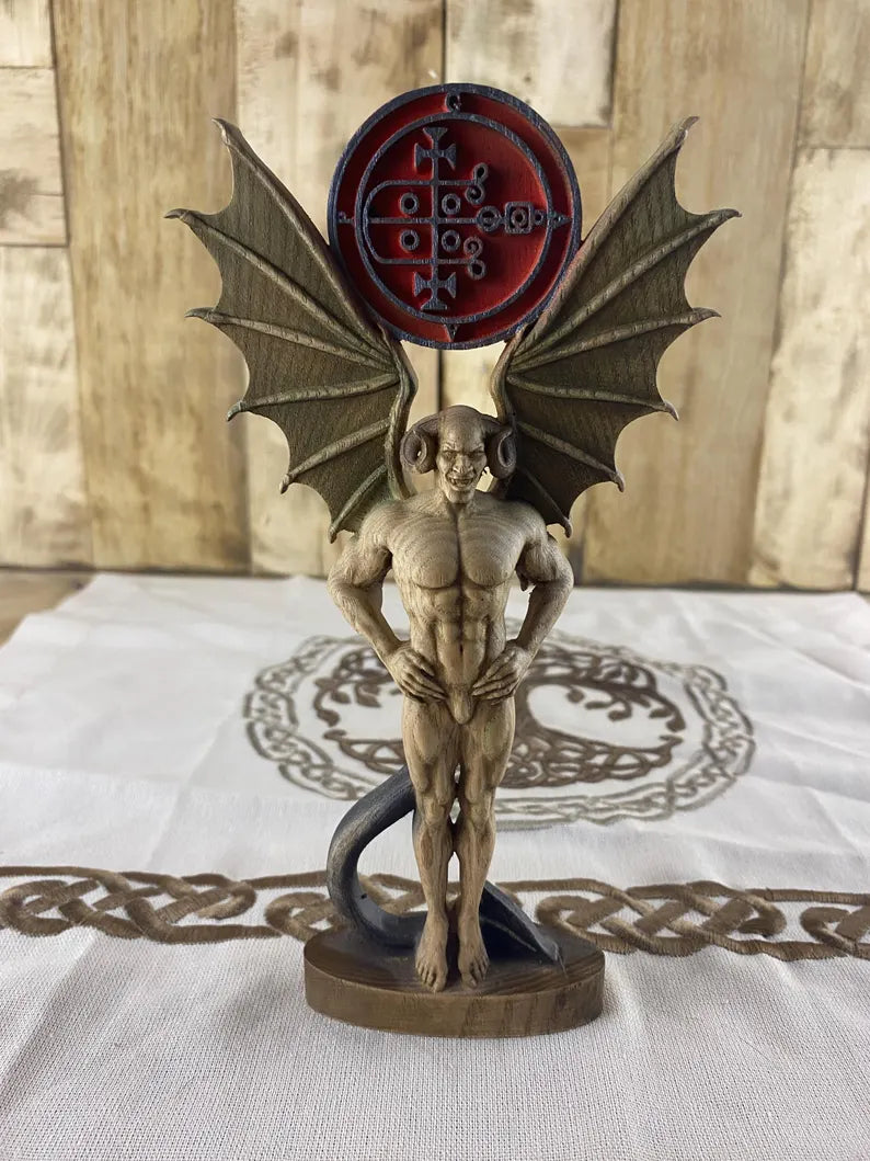 Hand carved wooden statue of Gaap with bat wings, horns, and Ars Goetia sigil, depicting a demonological figure for occult altar decor, gothic interiors, and esoteric collections.
