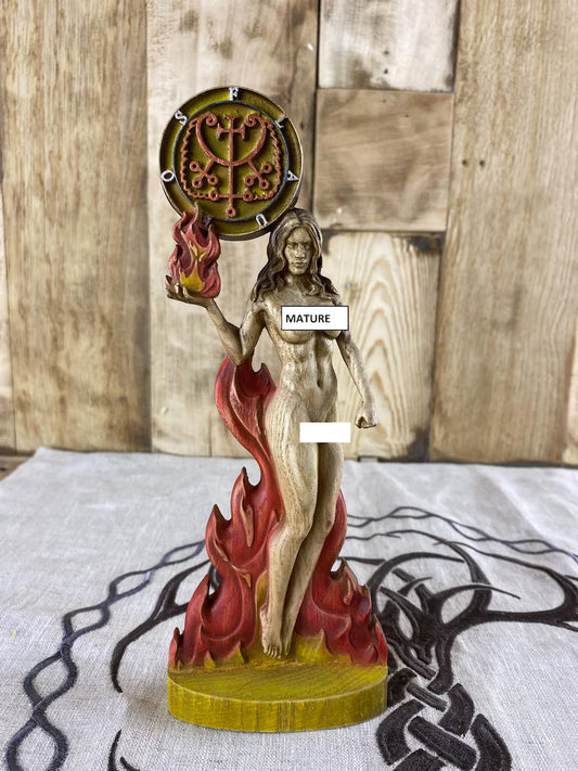 Hand-painted wooden statue of Flauros with occult sigil and flames, depicting a feminine demon figure inspired by Ars Goetia symbolism, gothic altar decor, and esoteric ritual art.
